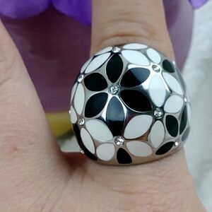 Black White Silver Floral Statement Dome Ring